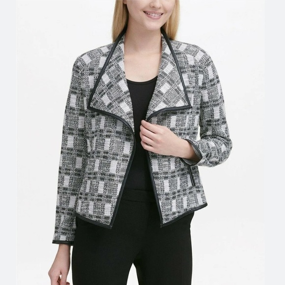 Calvin Klein Jackets & Blazers - NWT Calvin Klein Black & White Tweed Open-Front Jacket with Faux Leather Trim S